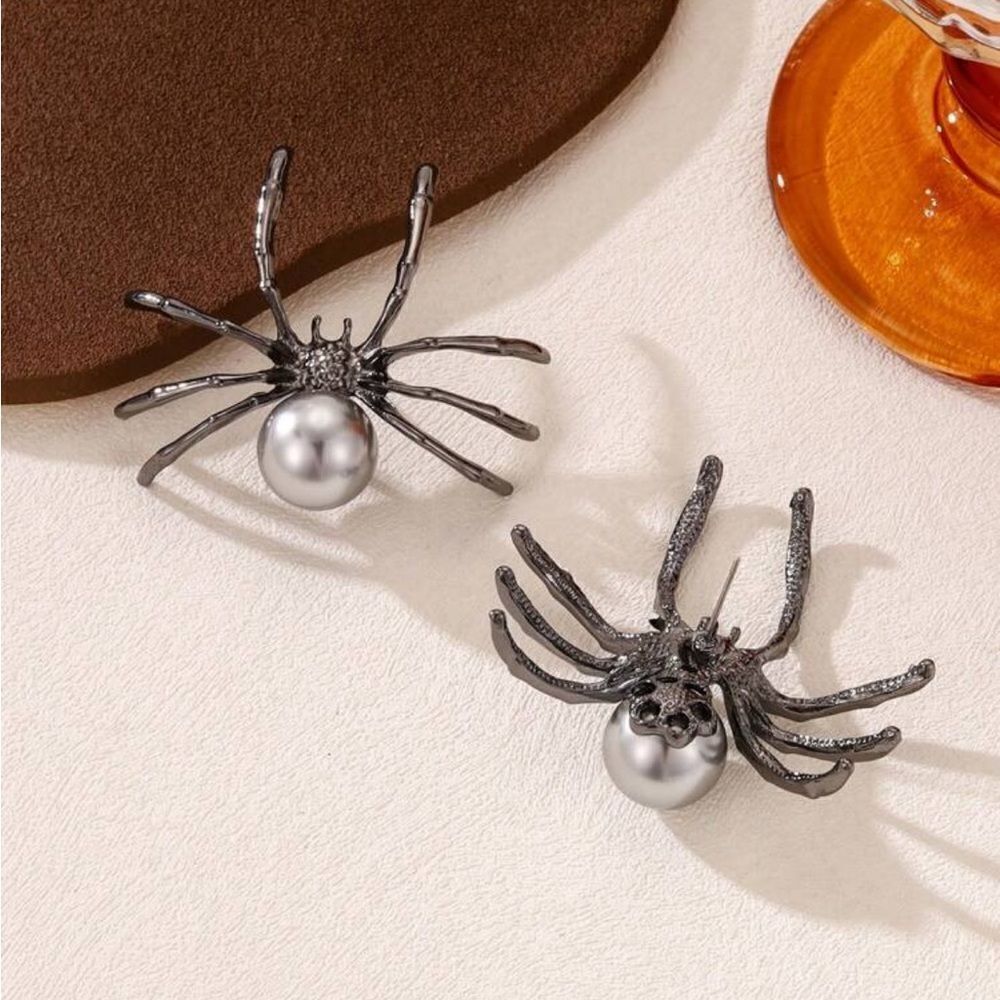 Gothic Large Spider Earrings, Light Gray Pearl Body, Black Legs, - Picture 3 of 5